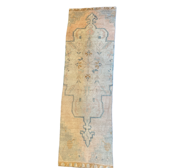 Vintage Turkish Oushak runner 2’ x 7’, muted blue, beige