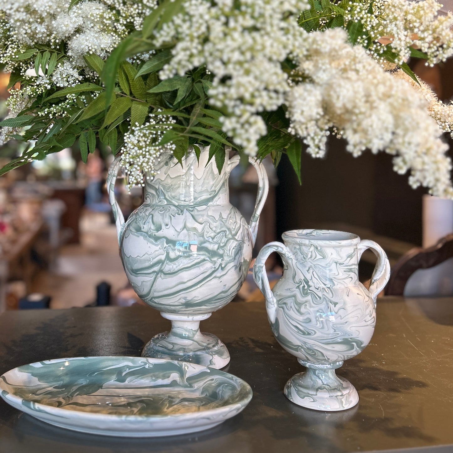 The Giardino Footed Vase in Marbled Green