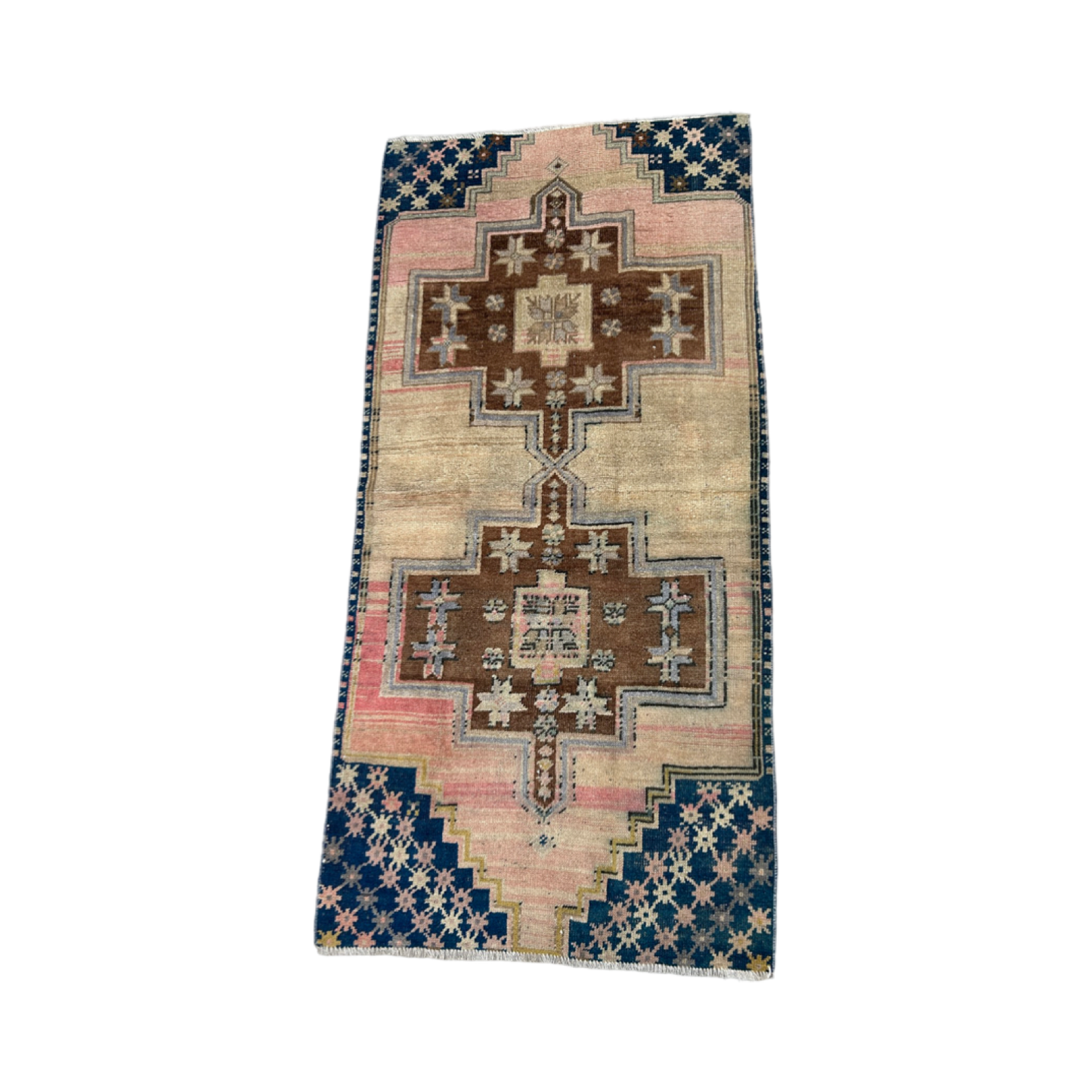 Vintage Turkish rug, Blue/Pink Geometric, 3.1” x 6.2”