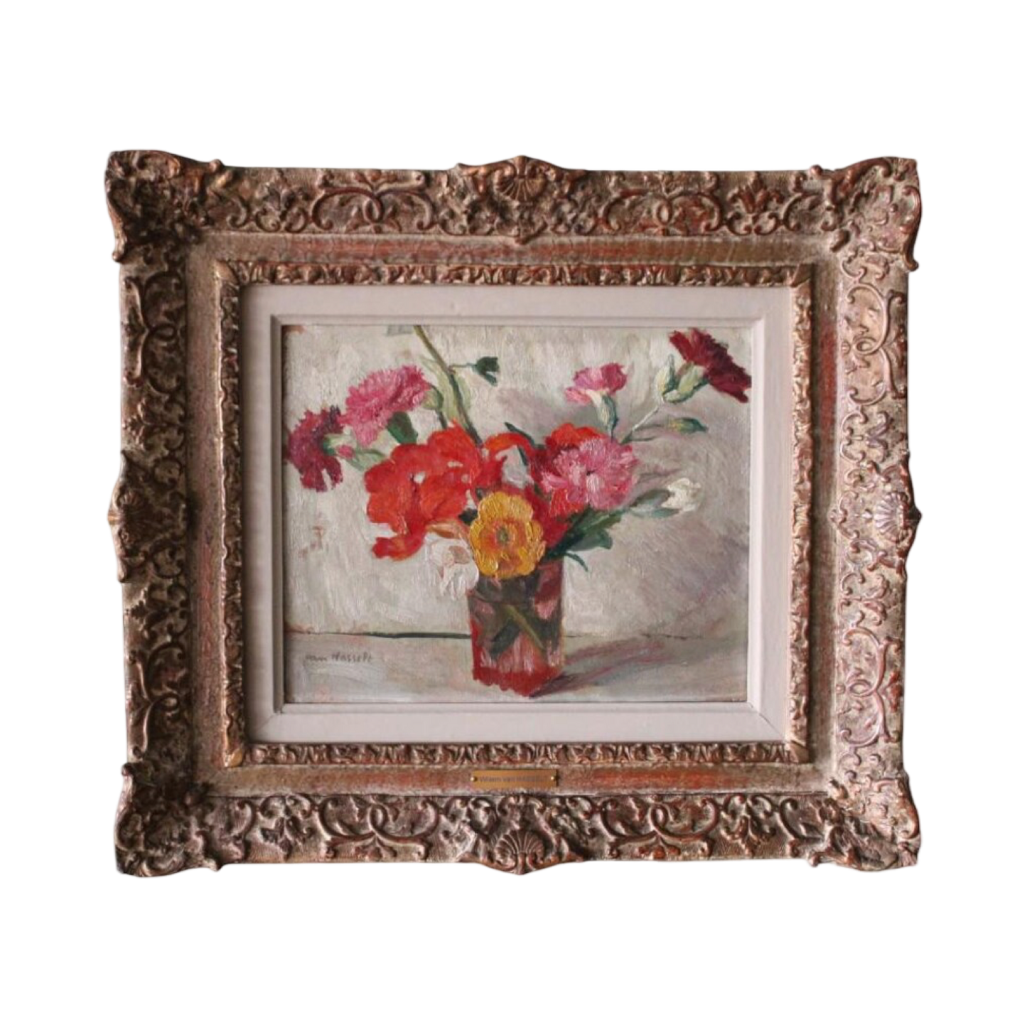 French vintage 1930's framed floral oil painting by Willem Van Hasselt