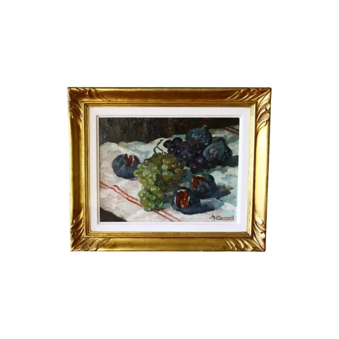 Vintage French mid-century still life of Figs and Grapes by Adeline Hugonnard