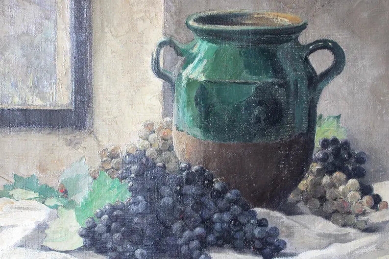Antique French Impressionist Oil Painting Fruit & Jug by Marcel Bach, 1929